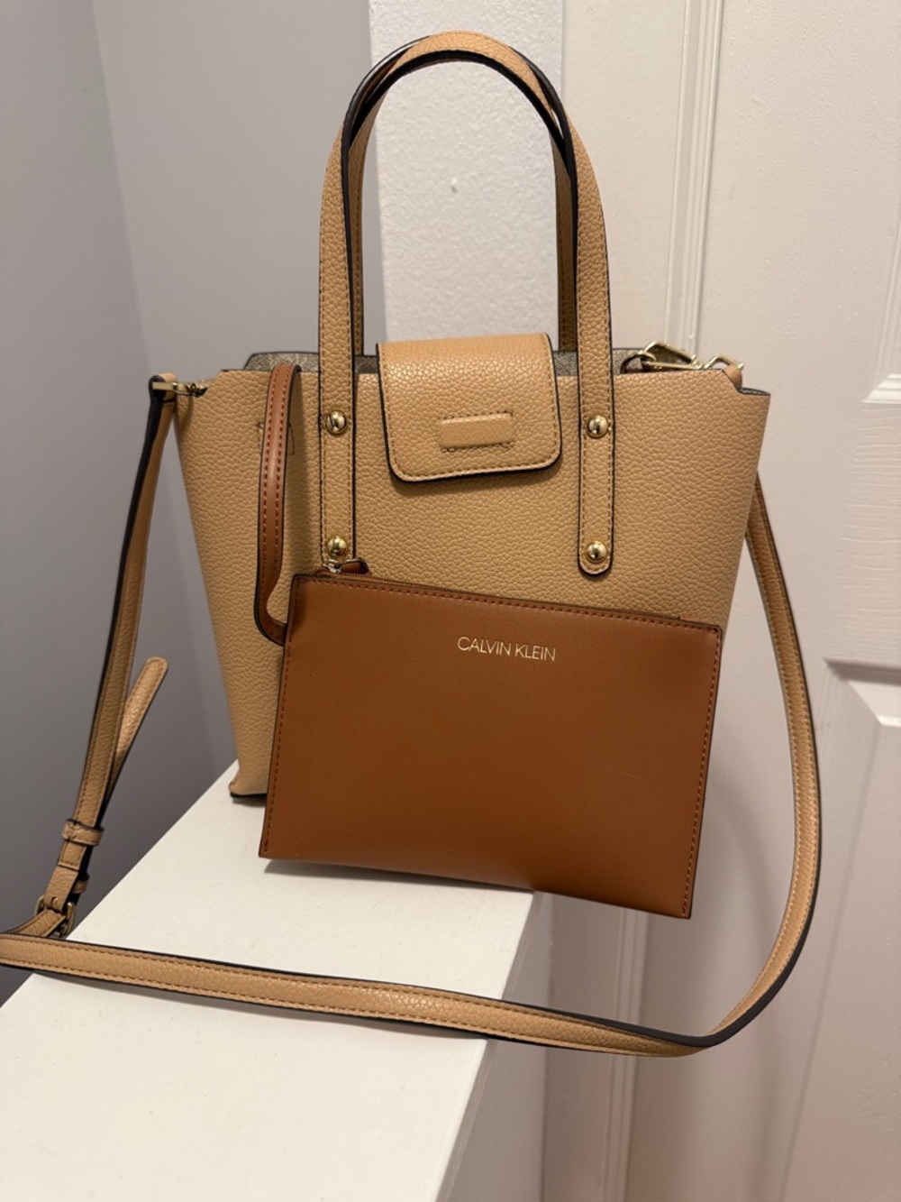 Calvin Klein Tan & Brown Satchel with Removable Pouch and crossbody strap.